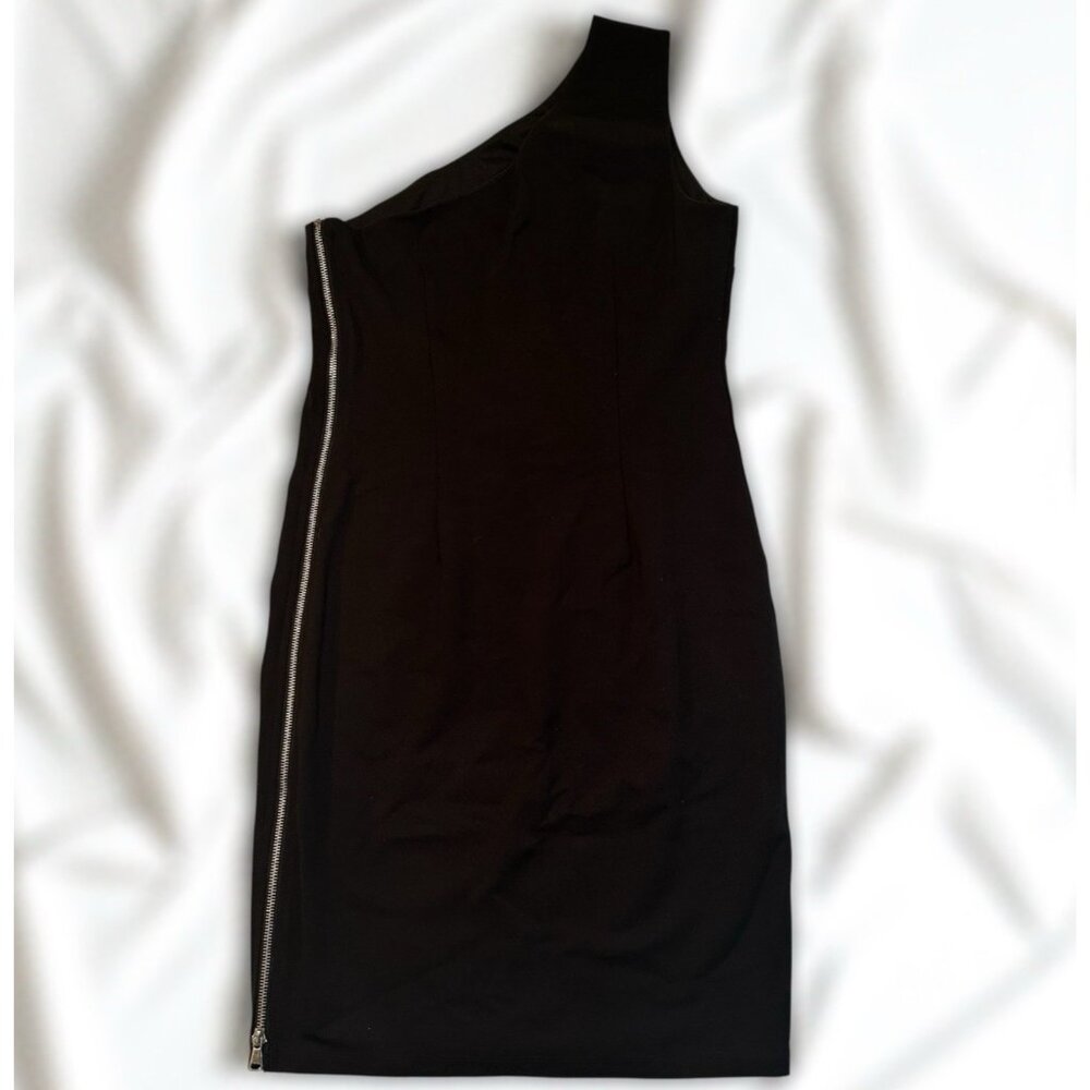 Ali & Jay One Shoulder Black Bodycon Dress L Asymmetrical Zip Side Cocktail Sexy